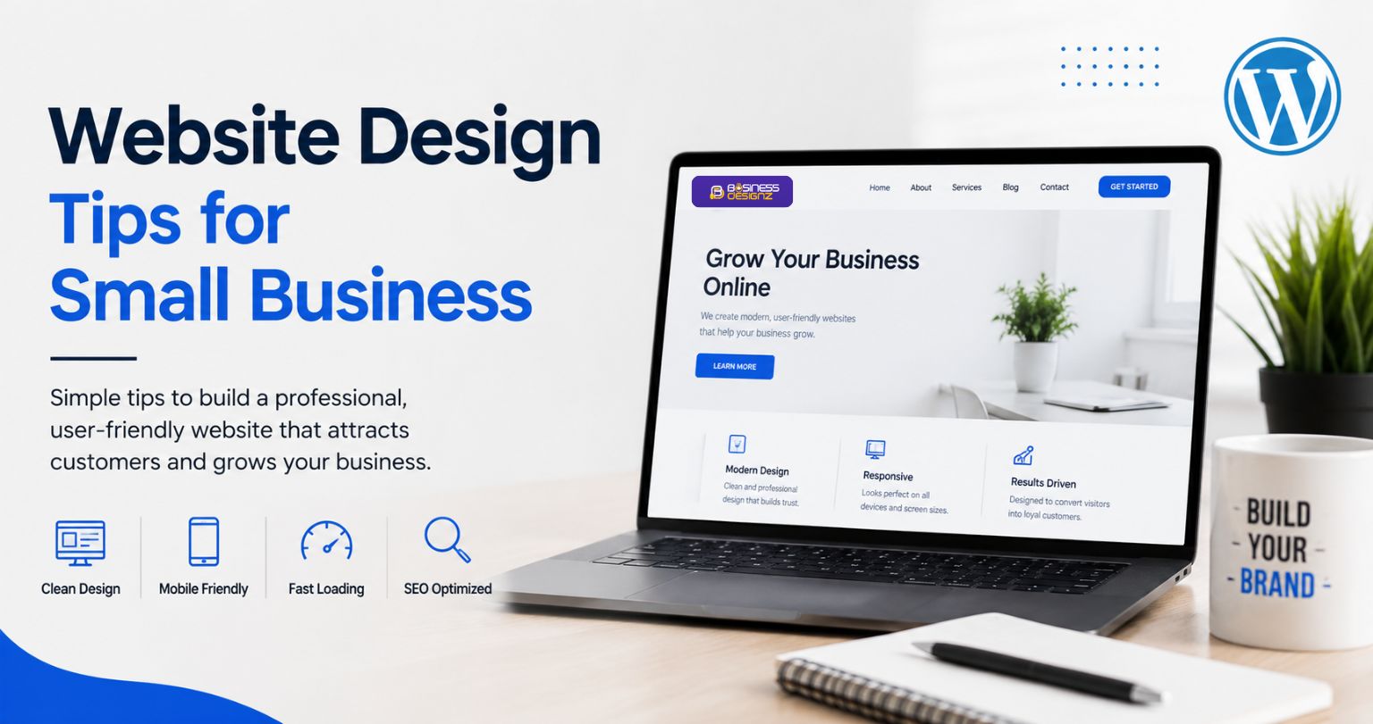Website design tips for small business with a modern WordPress website displayed on a laptop